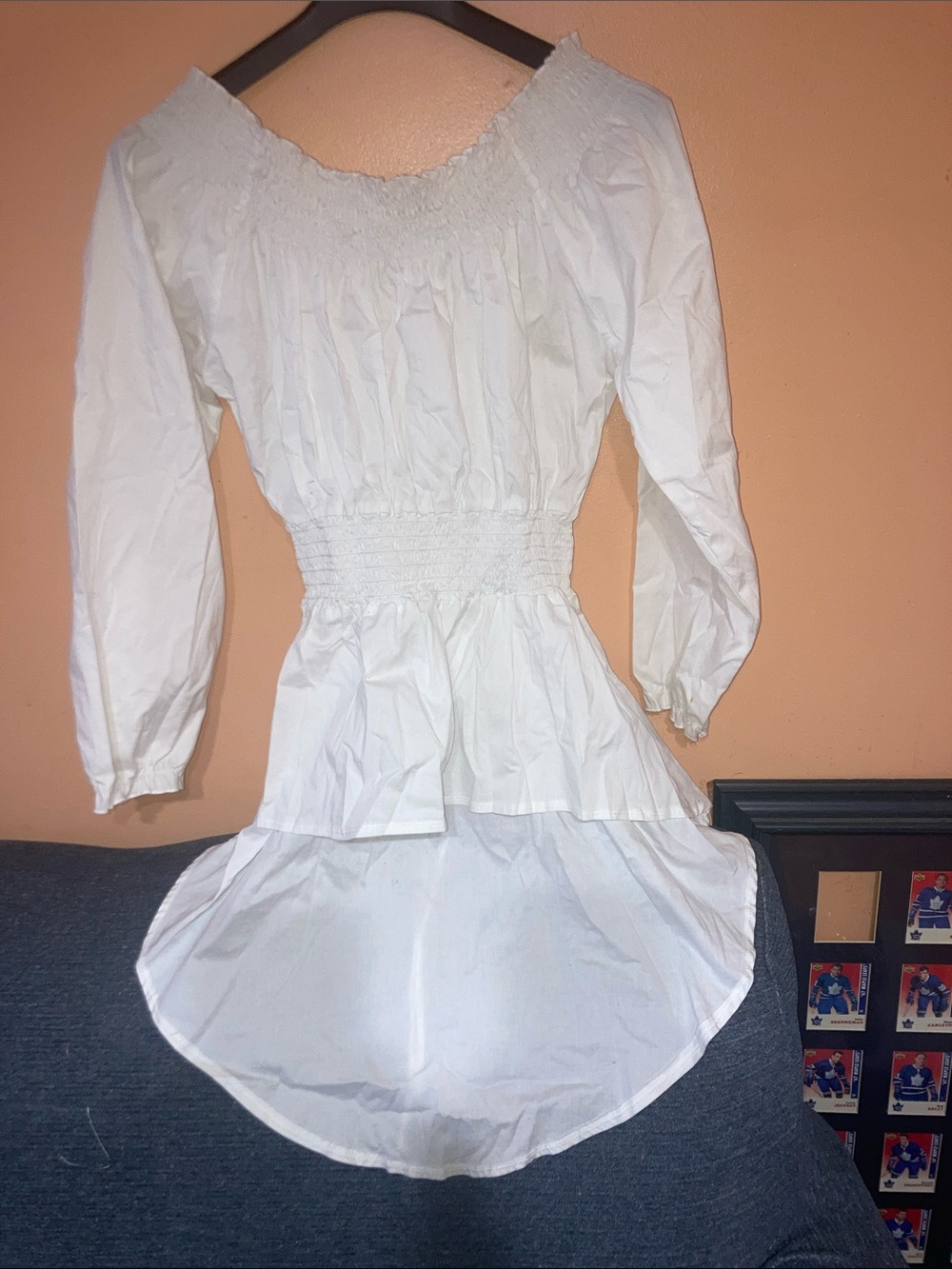 Womens White Smocked Waist Peasant Tunic Dress